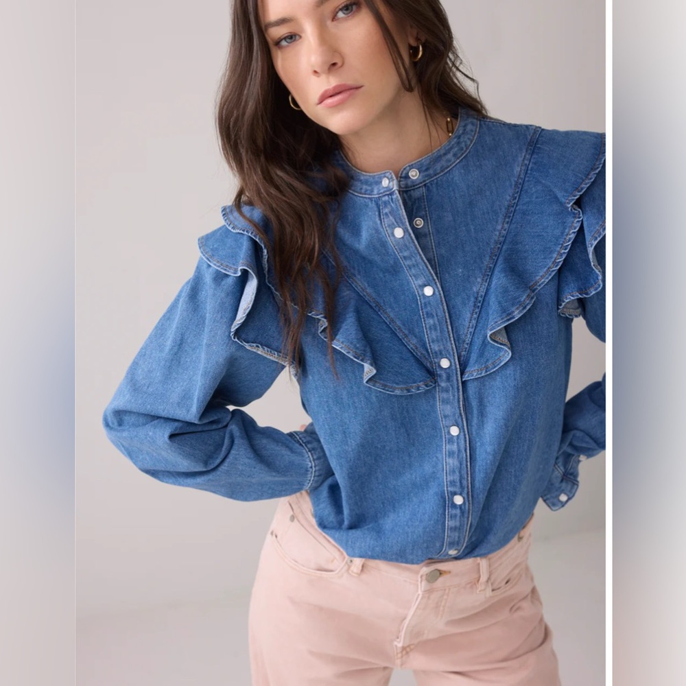 Classic Blue Denim Ruffle-Front Button-Down Shirt